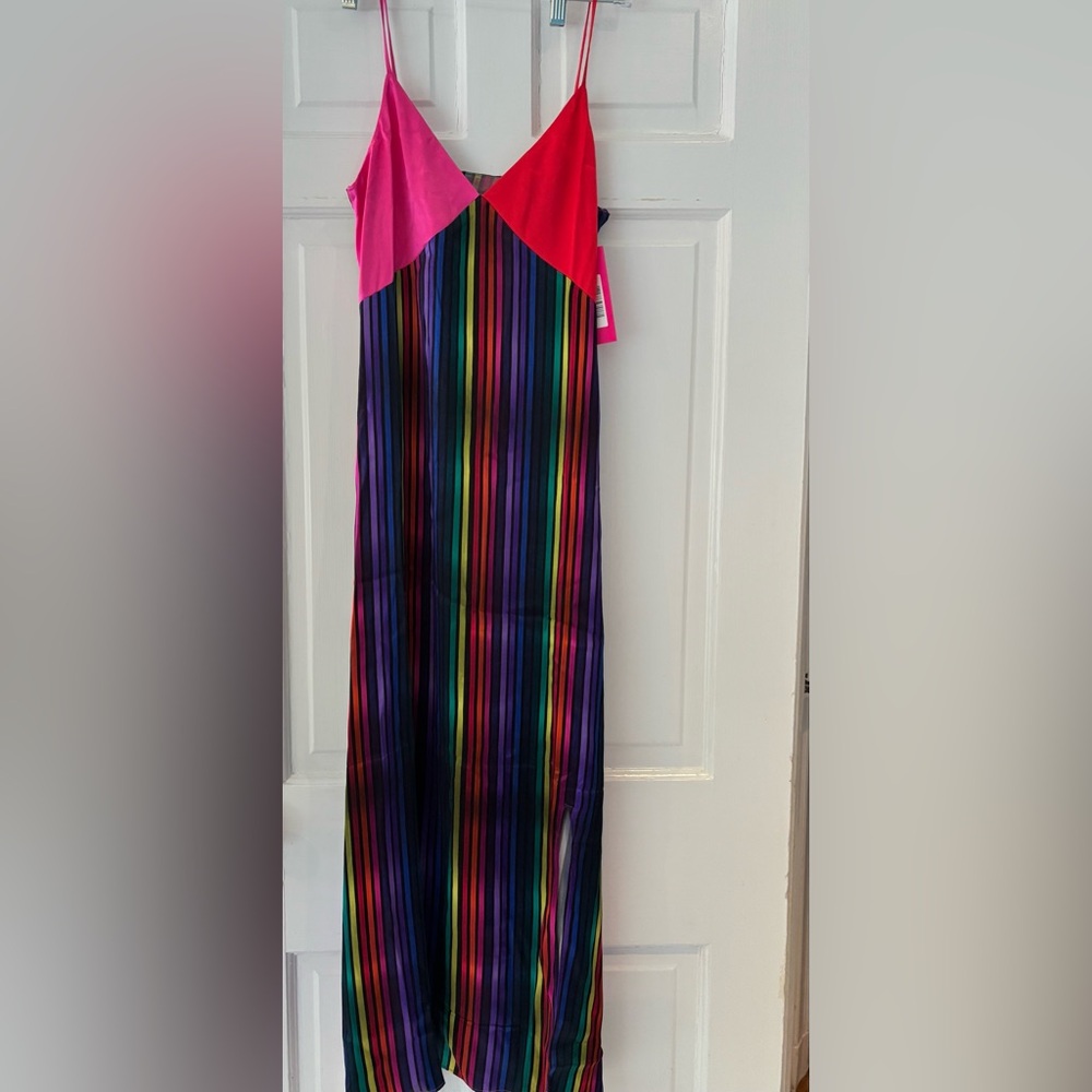 Terez SILK V-NECK DRESS IN RAINBOW STRIPE size s NWT